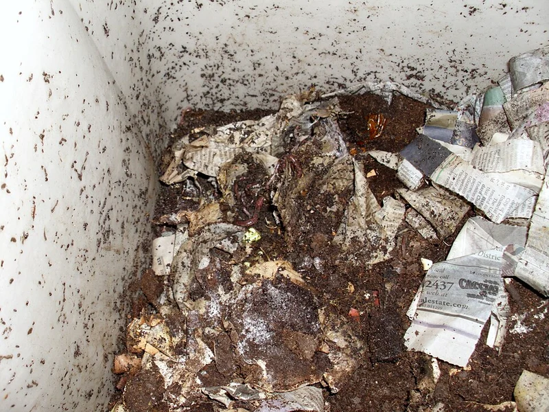 Compostador pequeño con restos vegetales y tierra oscura